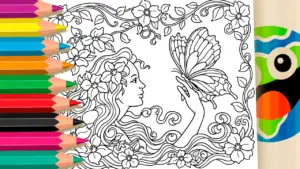 Coloring page The Girl and the Butterfly — Nature Coloring Page