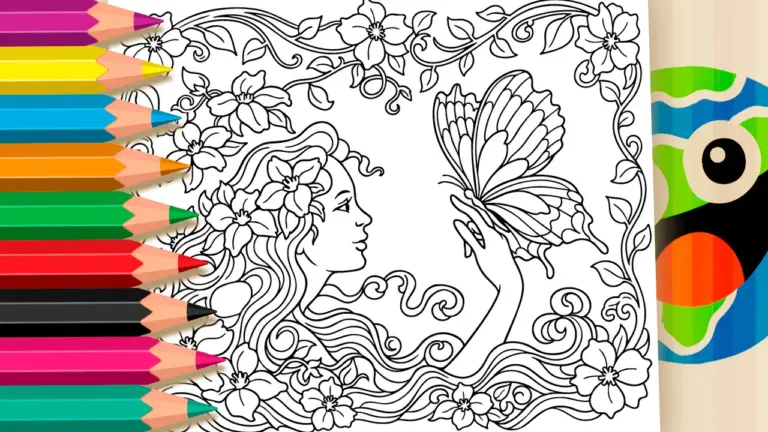 The Girl and the Butterfly — Nature Coloring Page - Nature & Landscape Coloring Pages