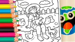Girl with Ducklings and Frog Coloring Page coloring page