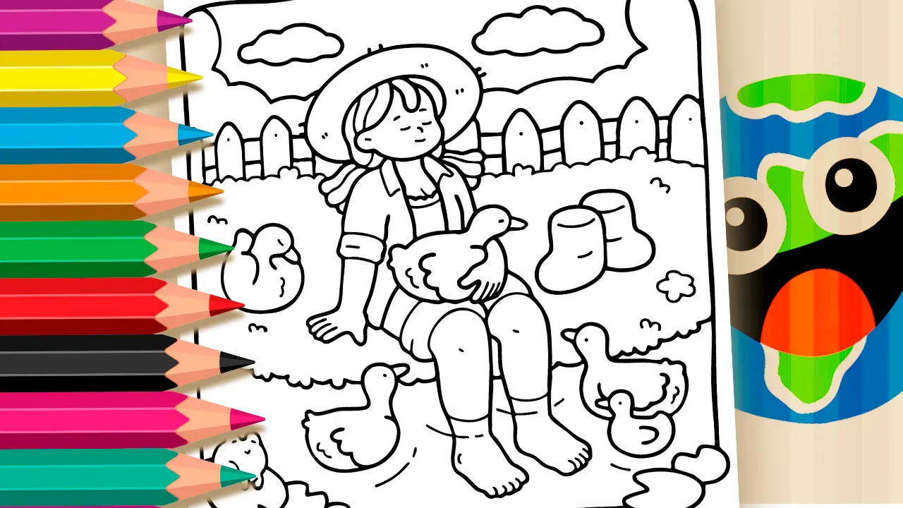 Girl with Ducklings and Frog Coloring Page
