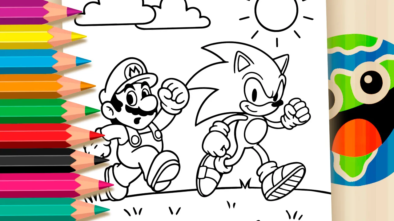 The Great Race featuring Mario and Sonic black and white coloring page outline