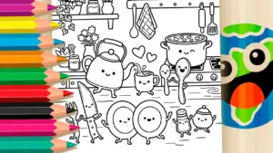 Kitchen Fun: “Turn, Twist, Turned” Theme Coloring Page coloring page