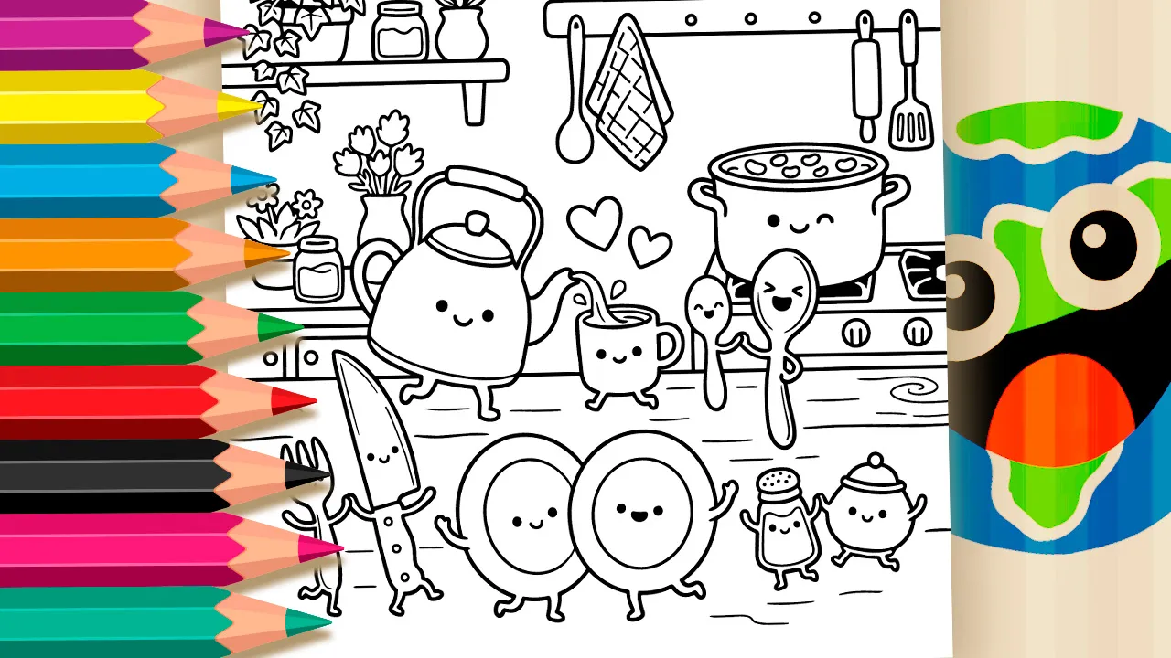 Kitchen Fun Turn Twist Turned theme coloring page with cheerful kettle, smiling pot, fork and knife holding hands line art black and white
