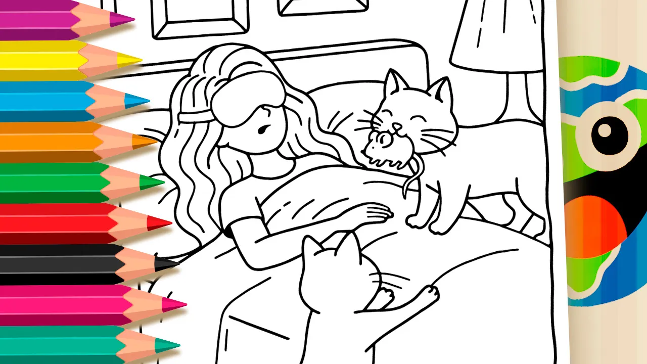 Black and white outline coloring page of kittens bringing a surprise gift to the bed