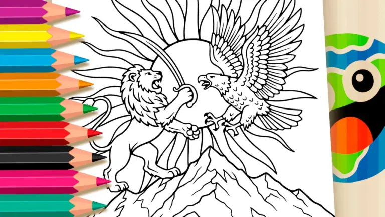The Lion and the Eagle: Mountain Battle Coloring Pages - Nature & Landscape Coloring Pages