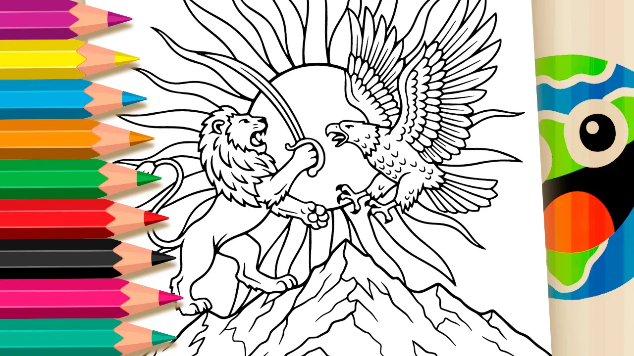Black and white outline coloring page of a lion armed with a sword defending his mountain territory against a giant eagle in an epic battle
