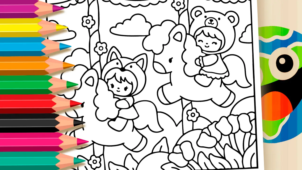 The little bear and fox cub riding a carousel with winged ponies coloring page black and white outline
