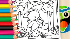 Coloring page Cute Little Bear in the Rain - Nature Theme Coloring Page