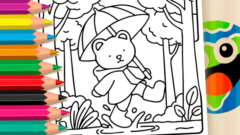 Cute Little Bear in the Rain – Nature Theme Coloring Page - Nature & Landscape Coloring Pages