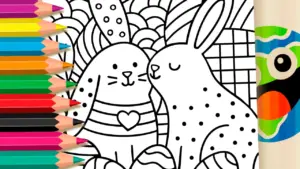 Coloring page Online Coloring Fun: Love Bunny Duo and Easter Eggs