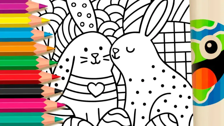 Online Coloring Fun: Love Bunny Duo and Easter Eggs - Cute & Kawaii Coloring Pages Online
