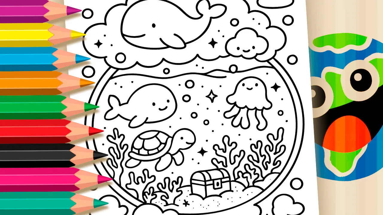 Magical underwater universe coloring page with turtles, fish, jellyfish and stars black and white outline