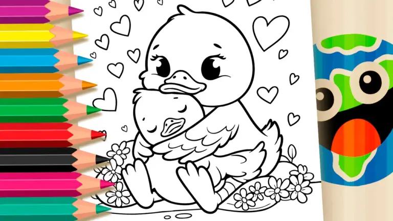 Theme Coloring Pages: Mommy Duck and Her Baby in a Tight Hug - Cute & Kawaii Coloring Pages Online
