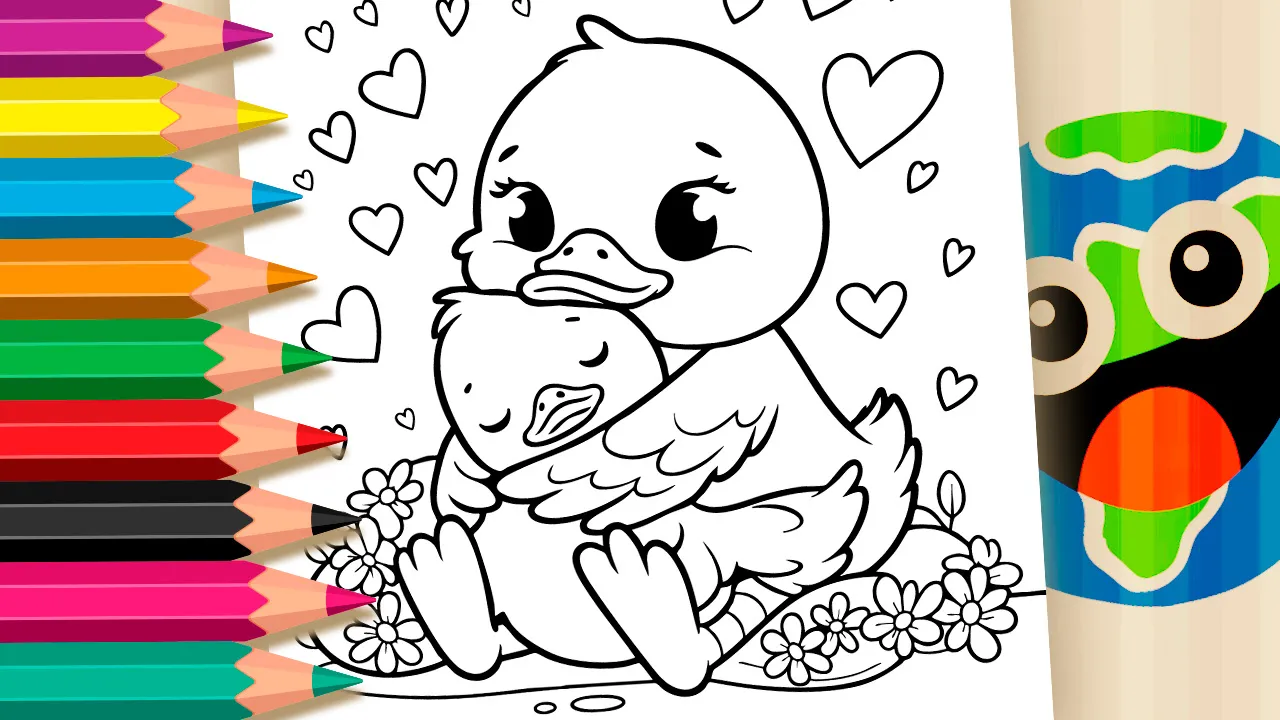 Mommy duck hugging her baby duckling coloring page black and white outline