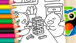 Coloring page Panda and Duck Playing Jenga Coloring Page