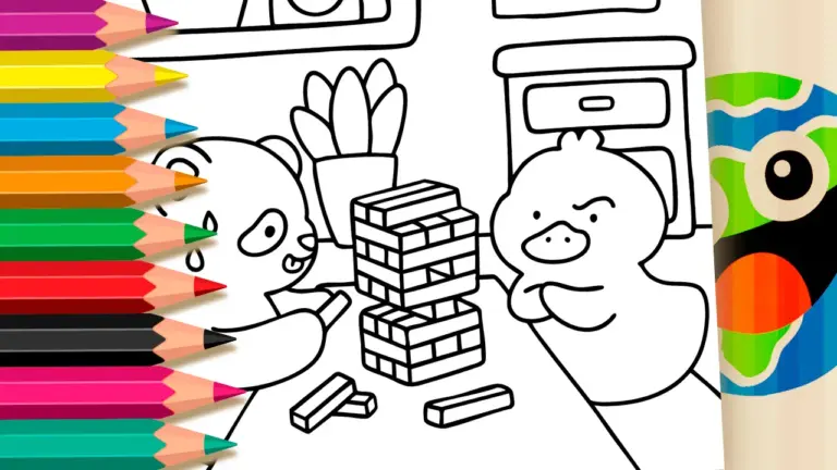 Panda and Duck Playing Jenga Coloring Page - Cute & Kawaii Coloring Pages Online