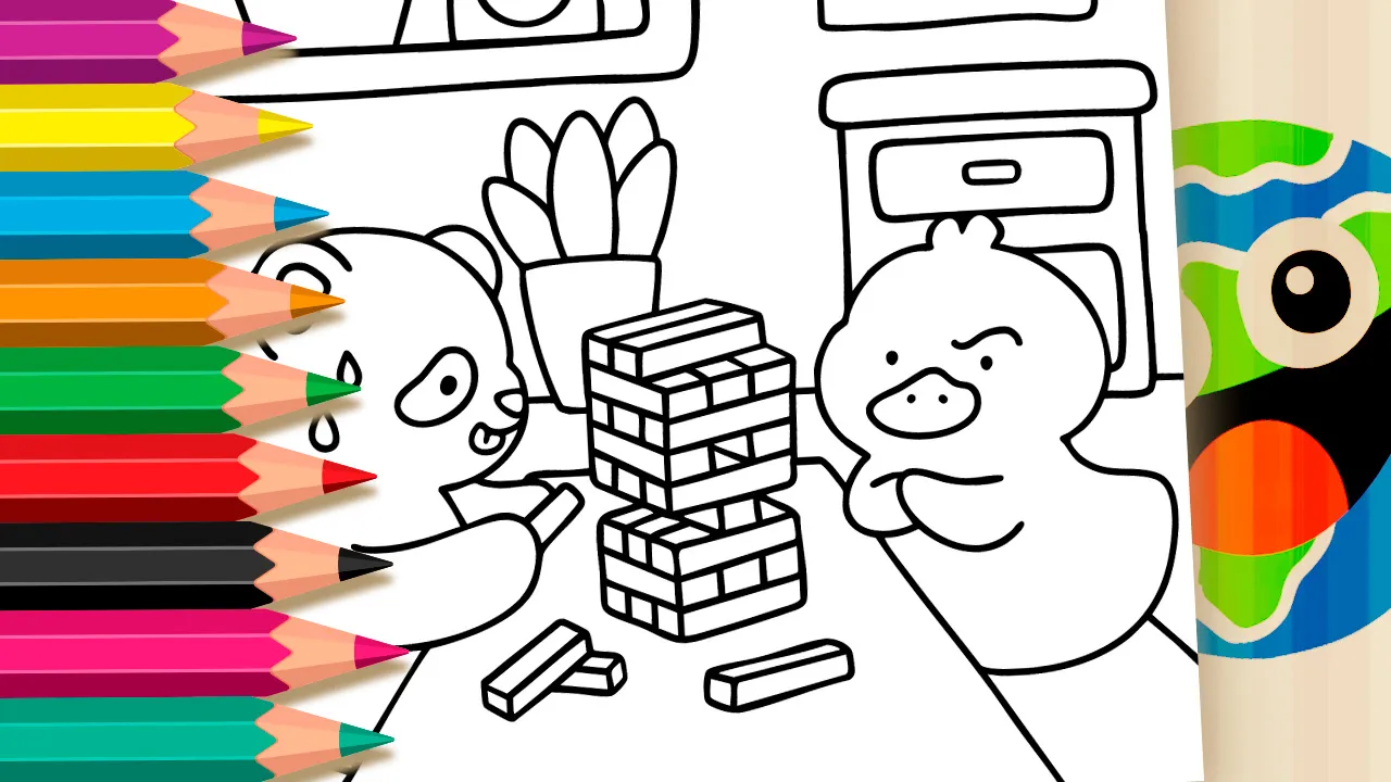 Panda and duck playing Jenga coloring page black and white outline