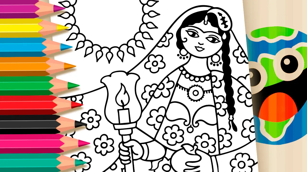 Persian woman in traditional clothing holding a lantern and fruit coloring page black and white outline