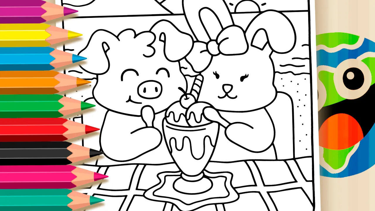 Piglet and bunny sharing ice cream at the beach black and white coloring page outline