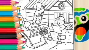 Coloring page Cute Puppies Building a House Theme Coloring Page