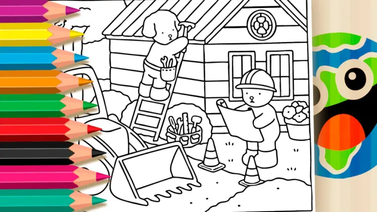 Cute Puppies Building a House Theme Coloring Page - Cute & Kawaii Coloring Pages Online