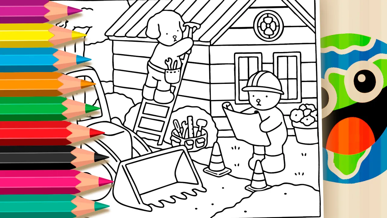 Cute Puppies Building a House Theme Coloring Page