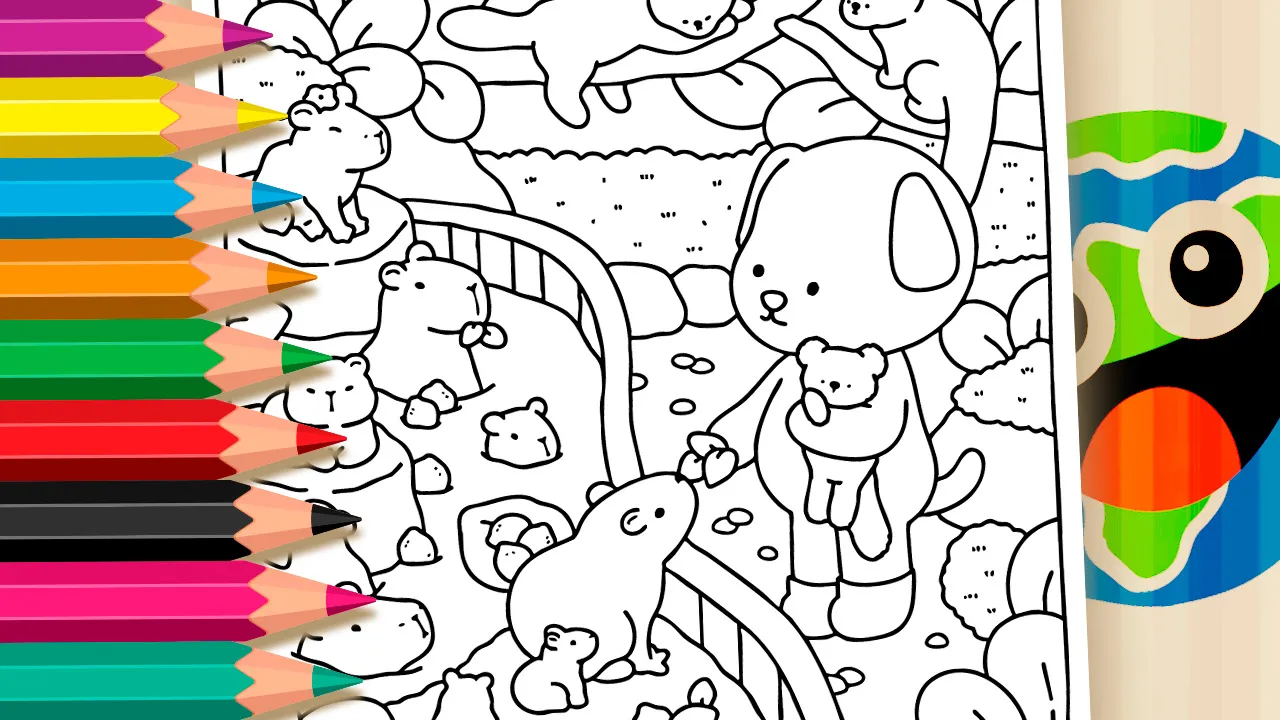 Puppy holding a teddy bear surrounded by calm capybaras coloring page black and white outline