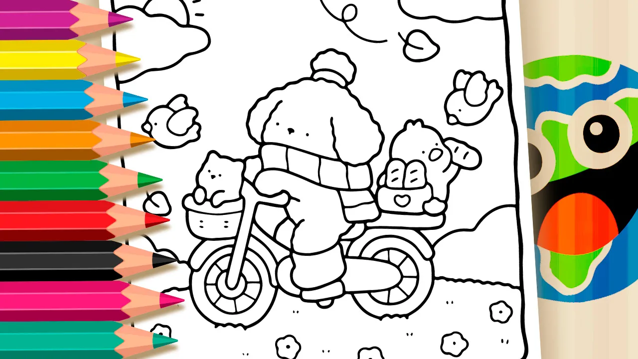Cute puppy riding a bicycle with a basket of bread black and white coloring page outline