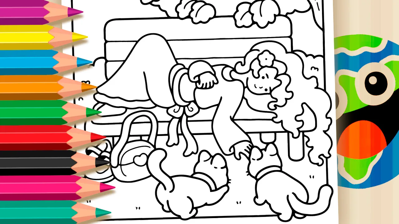 Relaxing young woman sitting on a park bench playing with curious kittens coloring page black and white outline