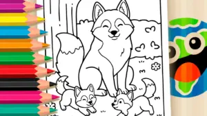 Coloring page Siberian Husky Family Theme Coloring Page