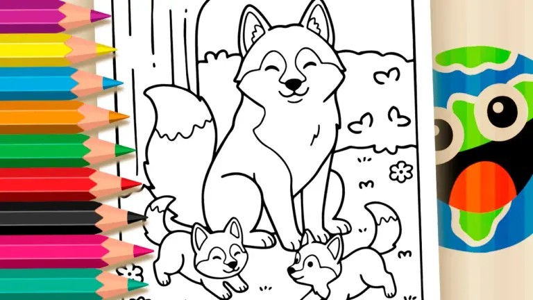 Siberian Husky Family Theme Coloring Page - Cute & Kawaii Coloring Pages Online