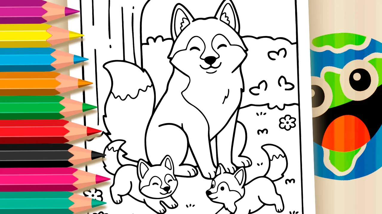 Siberian Husky family resting under a tree coloring page black and white outline