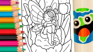 Coloring page The Sleepy Fairy on a Flower Theme Coloring Page