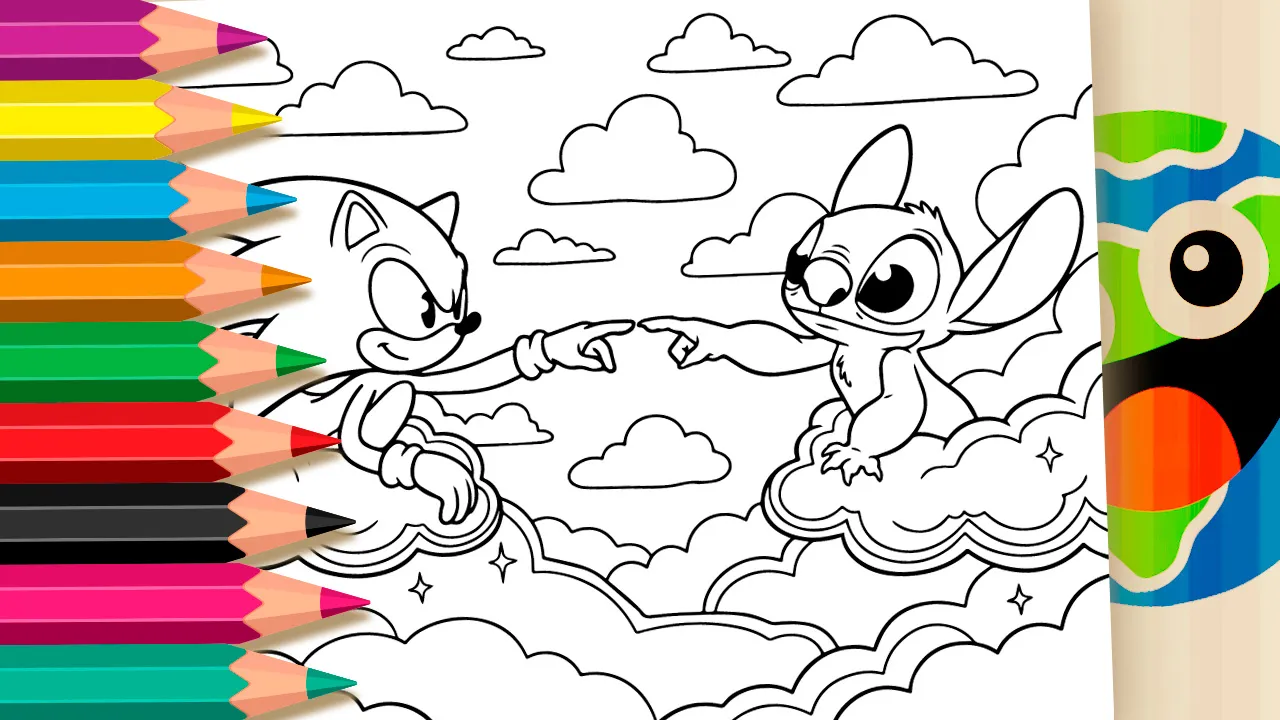 Sonic and Stitch in The Creation of Adam theme coloring page black and white line art