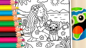 Coloring page Stitch Beach Coloring Page - Free Mobile Coloring Fun