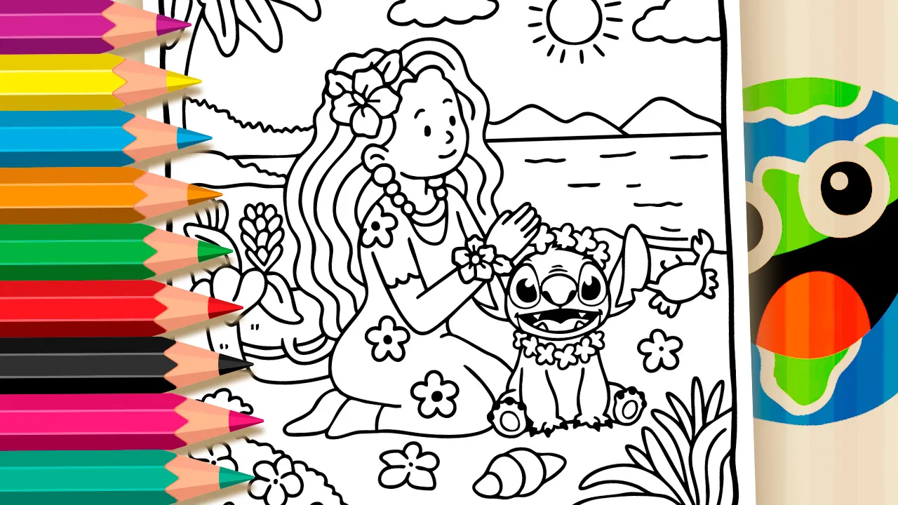 Stitch on the beach coloring page with tropical flowers and a smiling girl, black and white outline