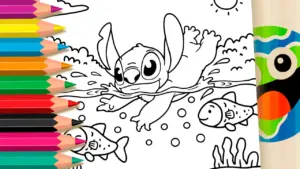 Coloring page Let's Color Stitch Swimming and Having Fun! | Theme Coloring Pages