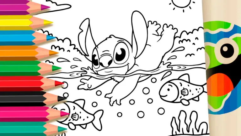 Let’s Color Stitch Swimming and Having Fun! | Theme Coloring Pages - Famous Characters Coloring Pages
