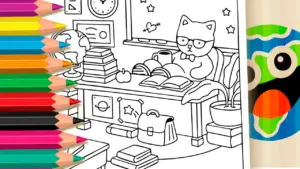 Coloring page Studious Kitten Theme Coloring Page - Fun Bobbie Goods Style