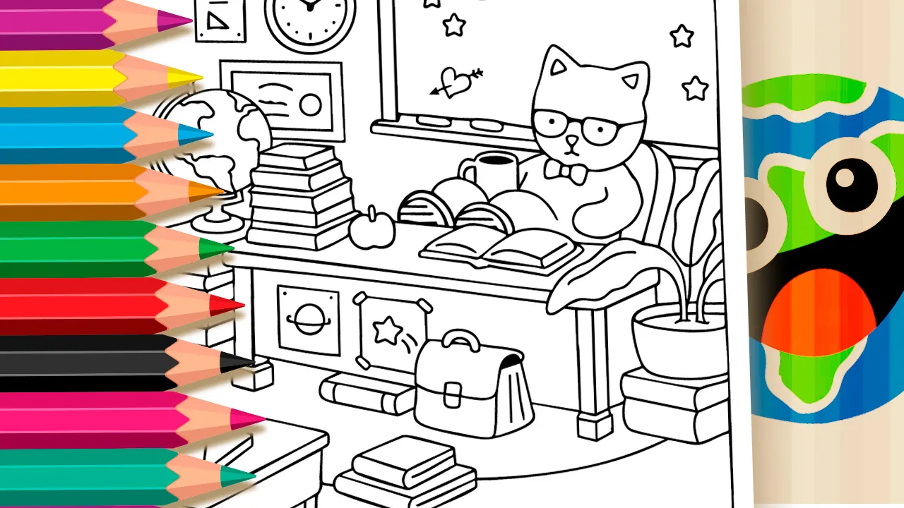 Studious Kitten Theme Coloring Page – Fun Bobbie Goods Style