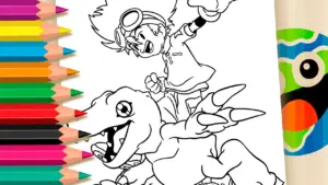 Coloring page Tai and Agumon Digimon Theme Coloring Page