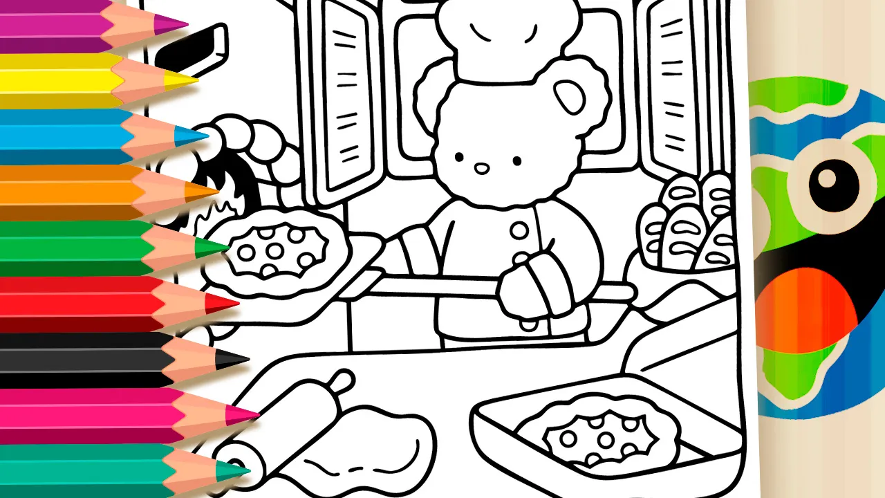 Teddy bear dressed as a pizza chef coloring page black and white outline