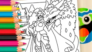 Coloring page The Warrior and Her Friendly Dragon - Fun Theme Coloring Page