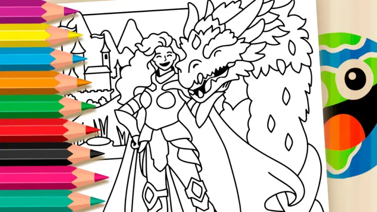 The Warrior and Her Friendly Dragon – Fun Theme Coloring Page - Famous Characters Coloring Pages
