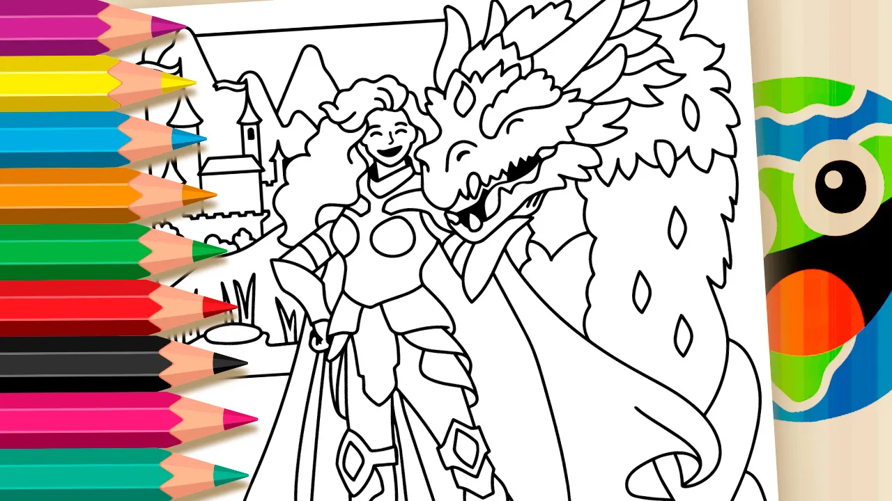 The Warrior and her friendly little dragon coloring page black and white outline with castle background