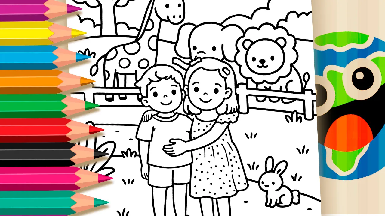 Black and white outline of two happy children at the zoo coloring page