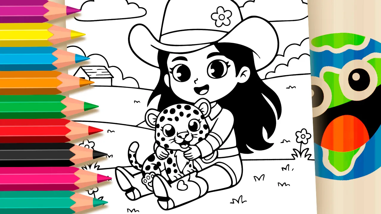 Boiadeirinha and Oncinha themed coloring page featuring a cowboy hat girl hugging a cute leopard in a countryside scene black and white outline