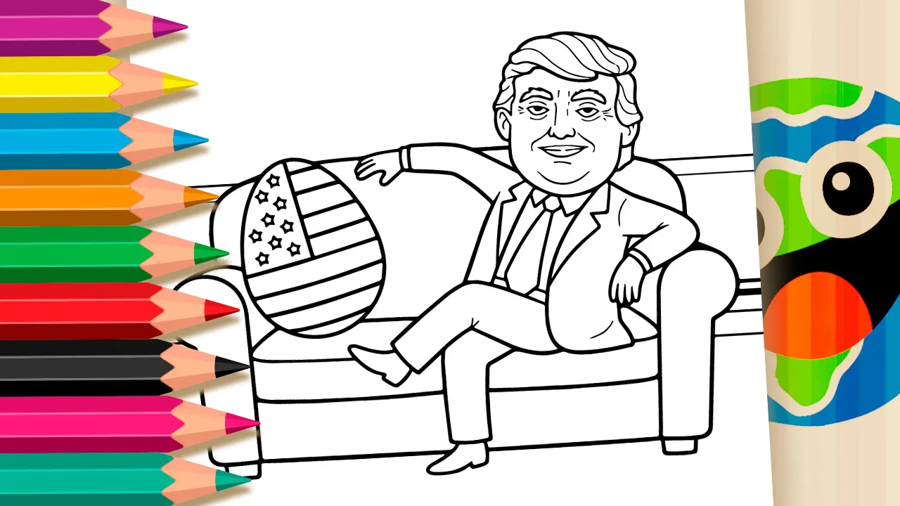 Black and white cartoon drawing of Donald Trump sitting on a couch next to a giant Easter egg decorated with the American flag.