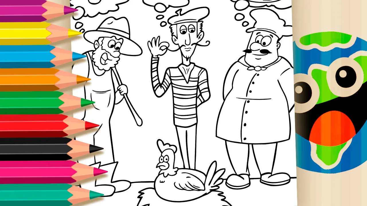 Confused chicken sitting in nest surrounded by three people imagining different professions coloring page black and white outline