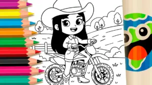 Coloring page Cowgirl Ana Castela on a Motorcycle - Free Country Coloring Page